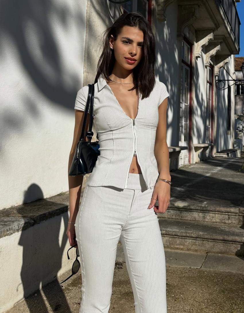 Chemise à manches courtes zippée-Écru