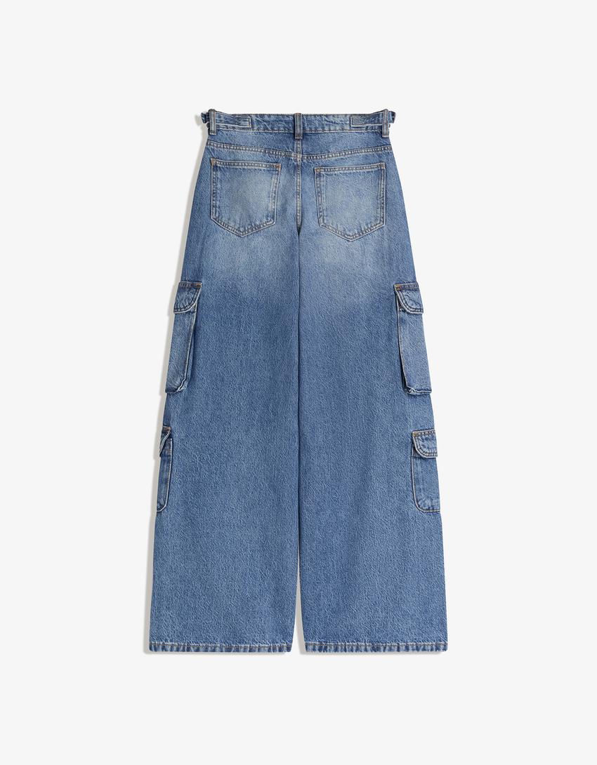 Jeans wide leg cargo-Azul lavado
