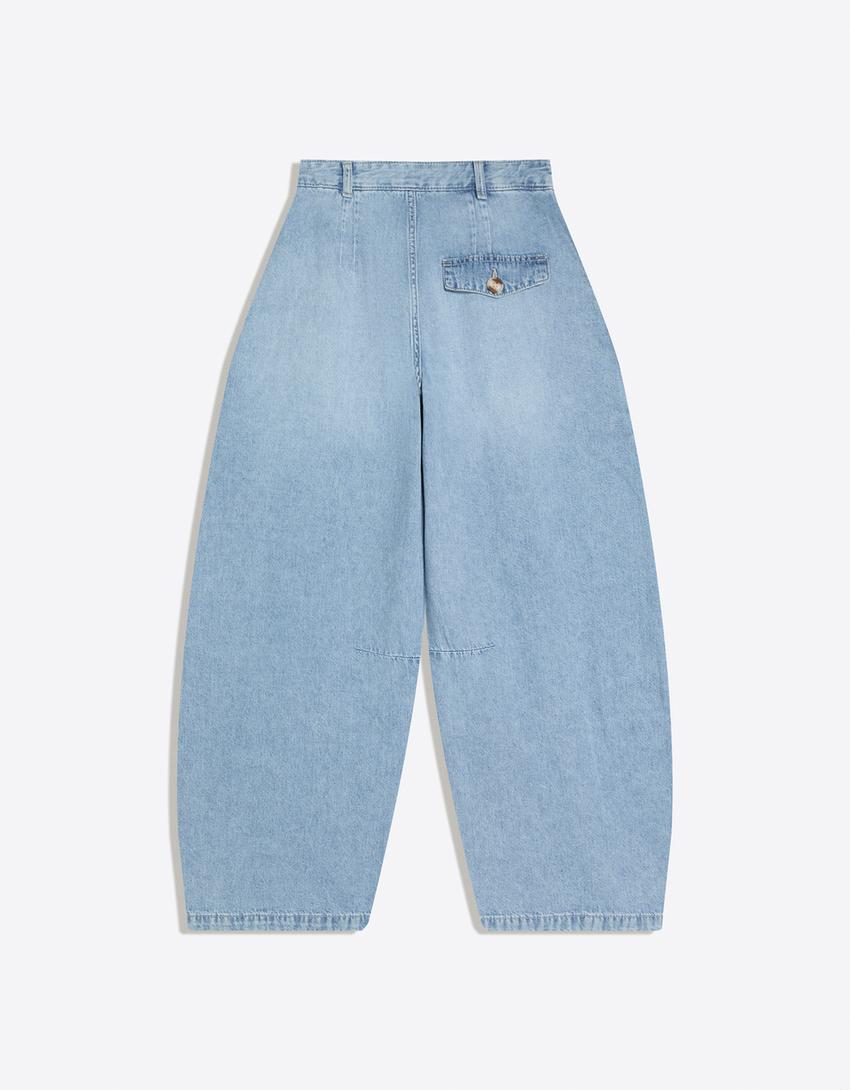 Jeans balão twisted de cintura baixa-Azul lavado