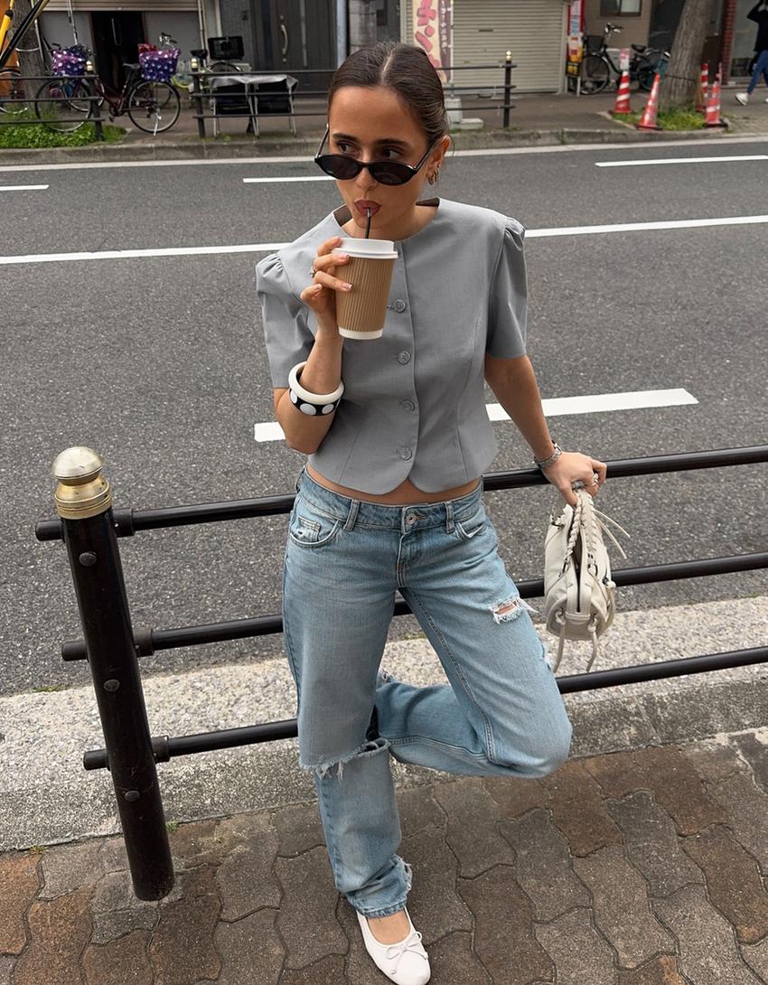 Ripped low-rise straight jeans-Light blue