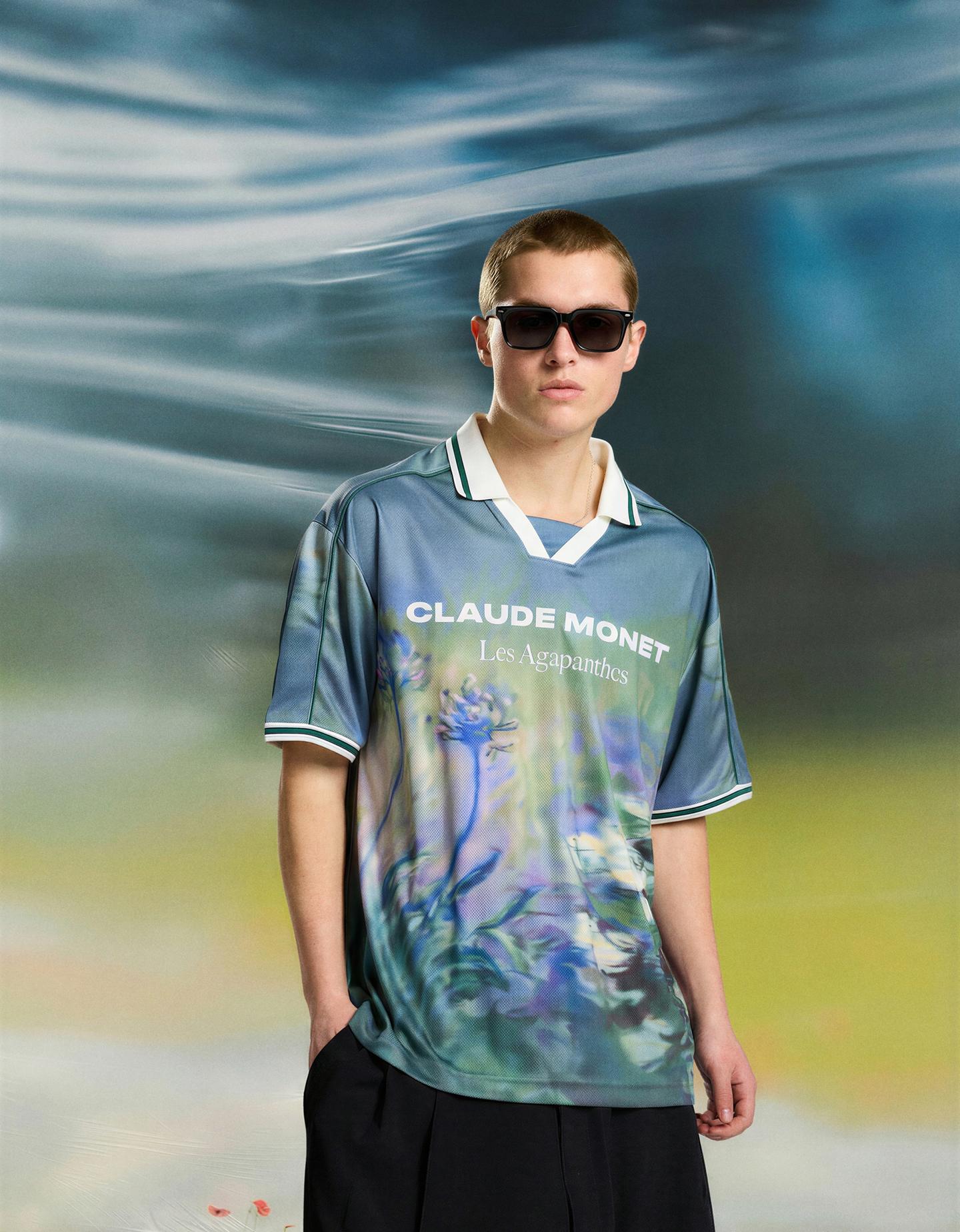 Bershka koszulka polo claude monet les agapanthes z krótkim rękawem zielony