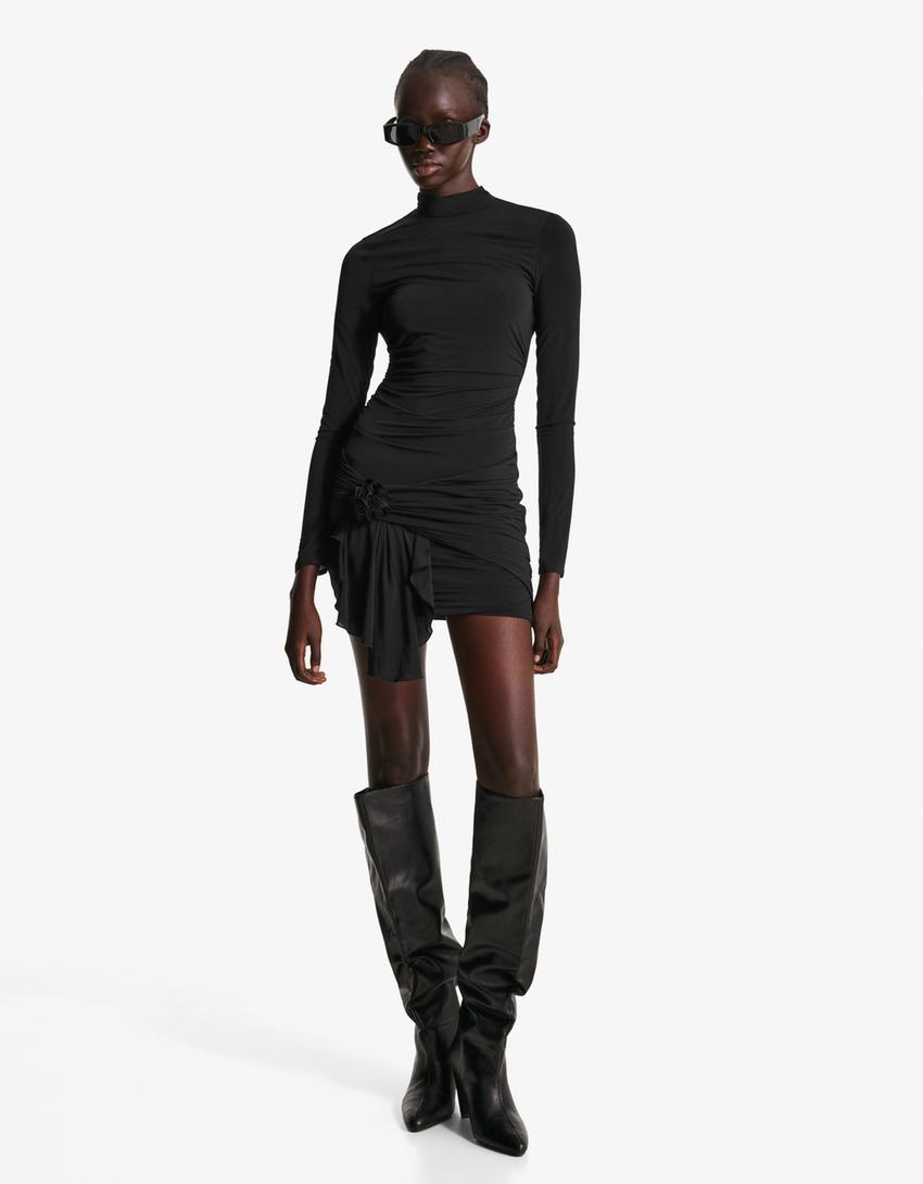Vestit mini faixí frunziment flor-Negre