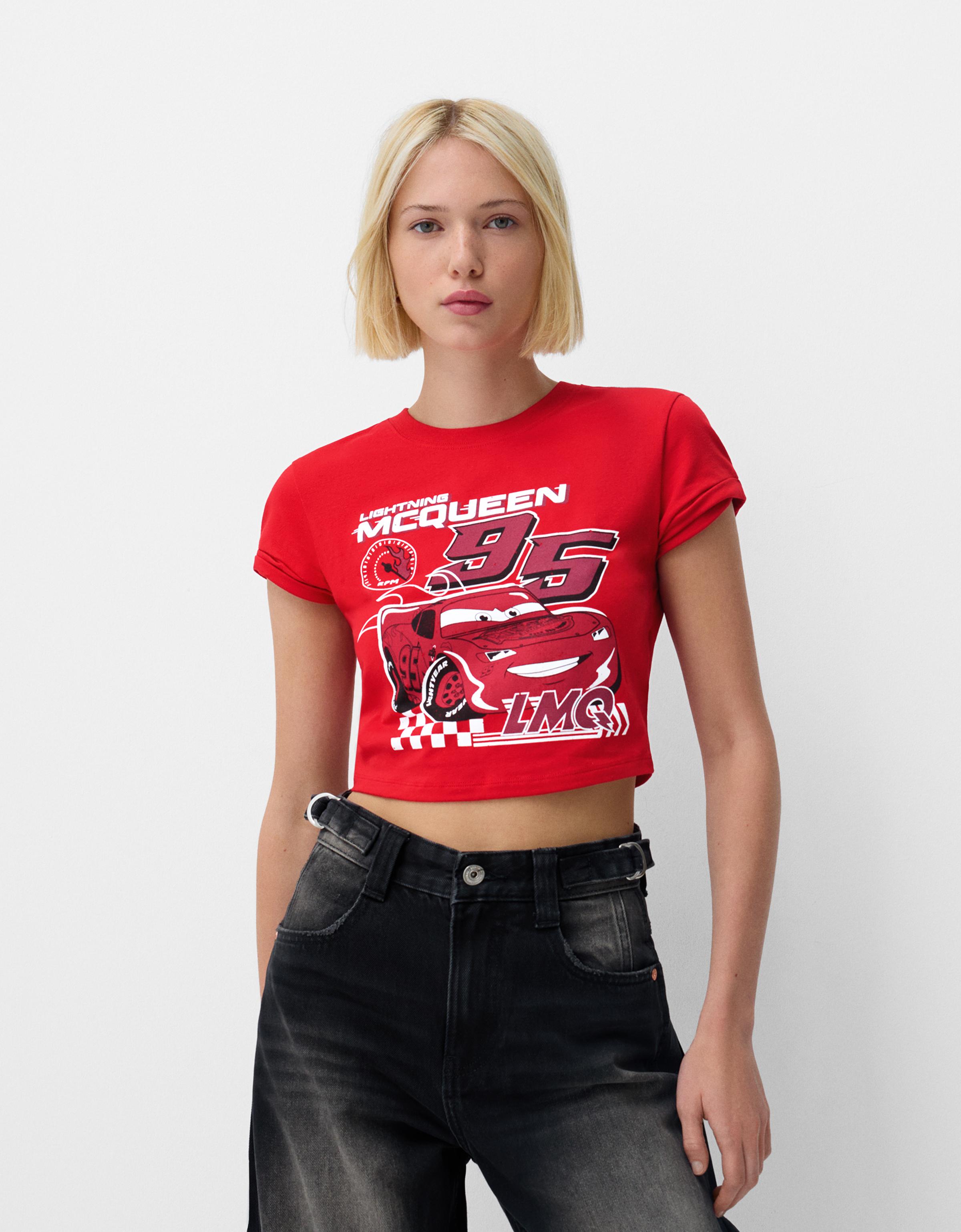 Bershka T-Shirt Cars Mit Kurzen Ärmeln Und Print Damen Xs Rot