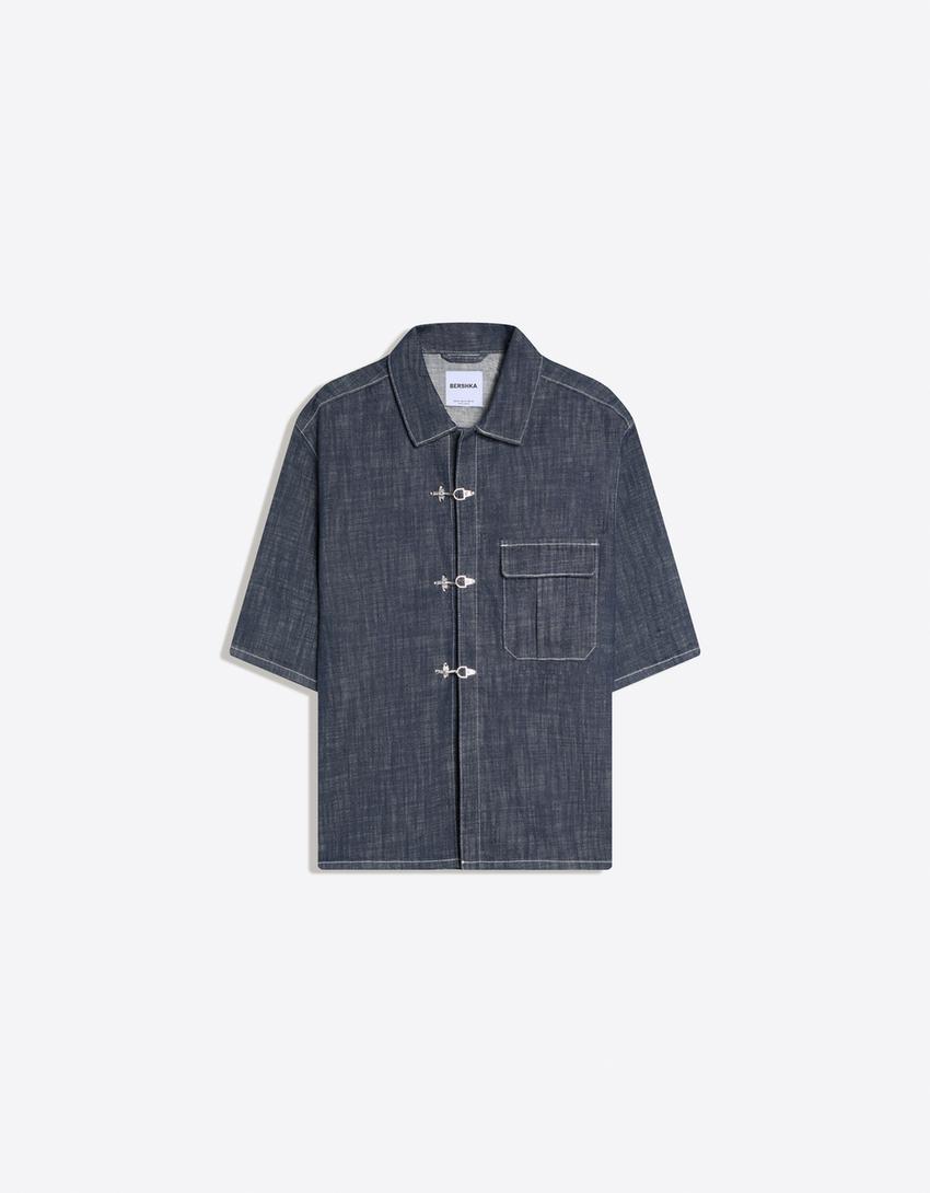 Short sleeve denim shirt with clasp fasteners-Navy