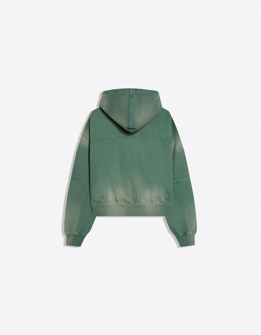 Boxy fit kapüşonlu yıkamalı sweatshirt-Yeşil