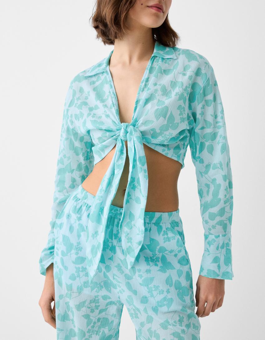 قميص كريب بطبعة وأكمام طويلة-فيروزي-2