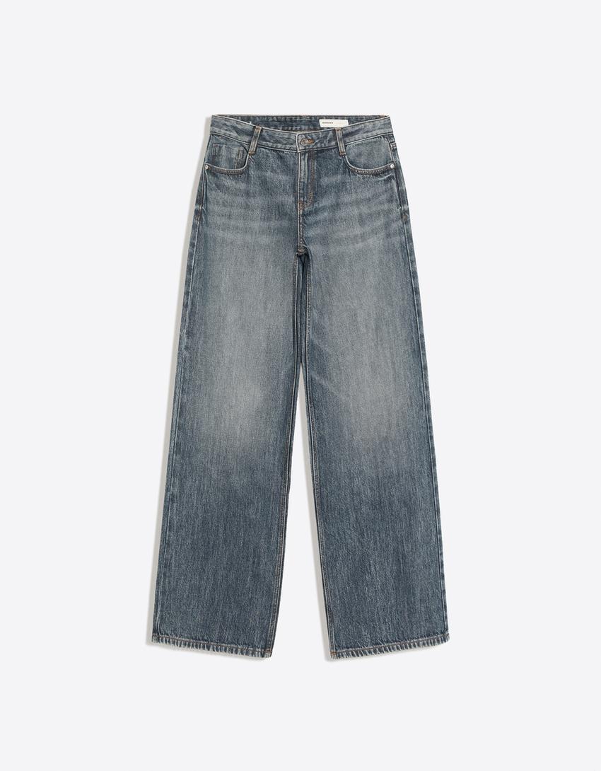 Jeans mit weitem Bein und tiefem Bund-Blau