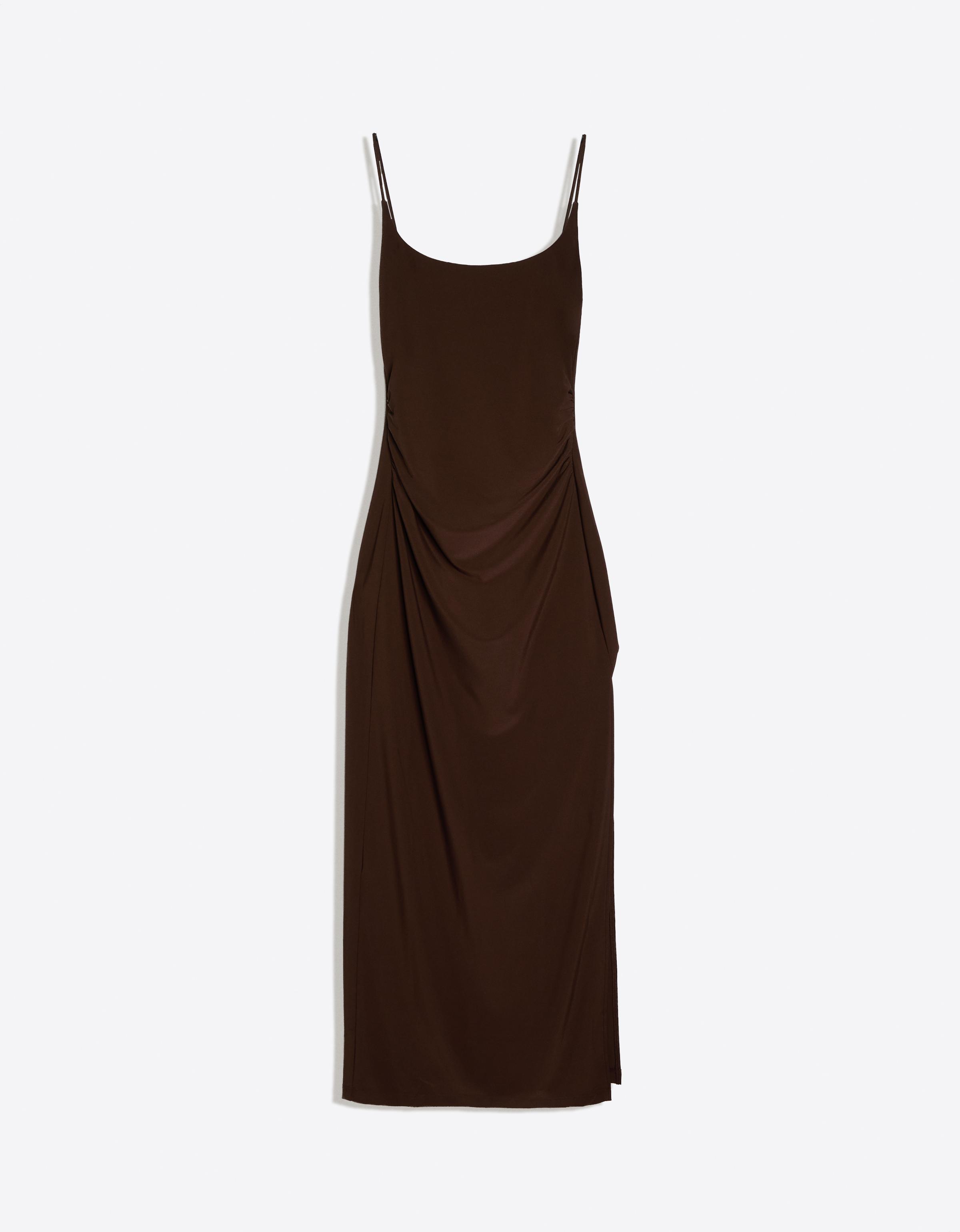 Ruched strap midi dress — Brown