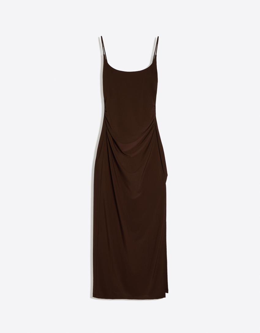 Vestido midi tirantes fruncido-Marrón