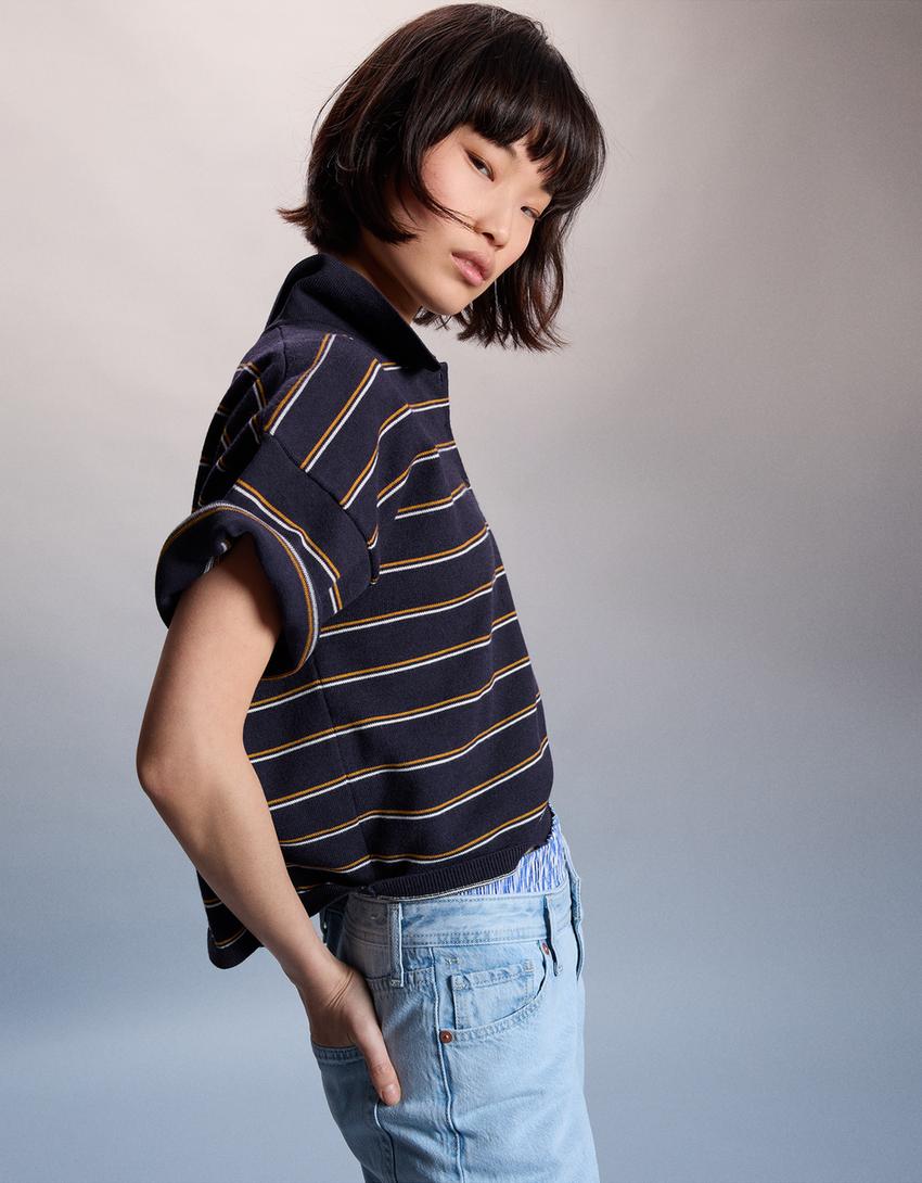 Pull col polo rayé-Marine