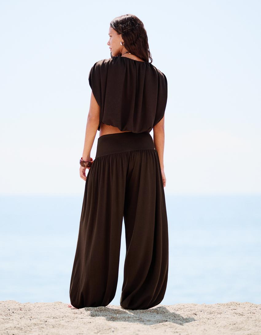 Pantalon balloon à ceinture-Marron