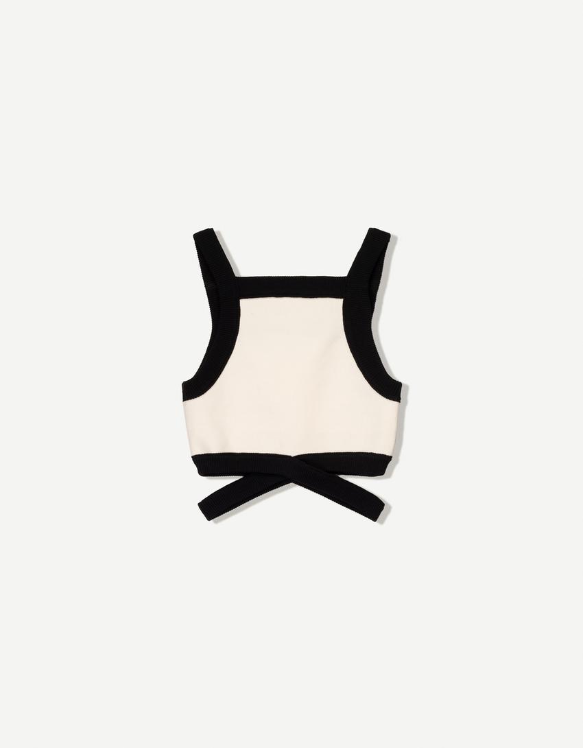 Strappy cut-out top with contrast straps-Cream-3