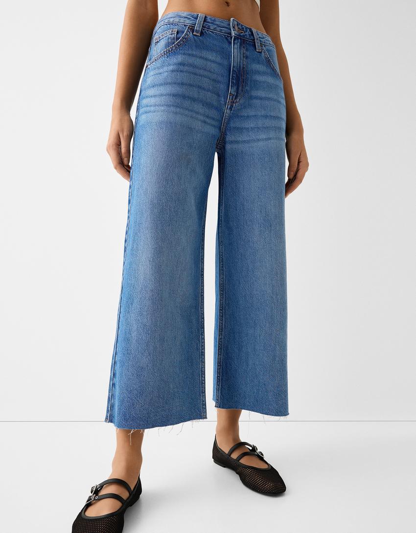 جينز بقصة قصيرة وساق عريضة-أزرق-3