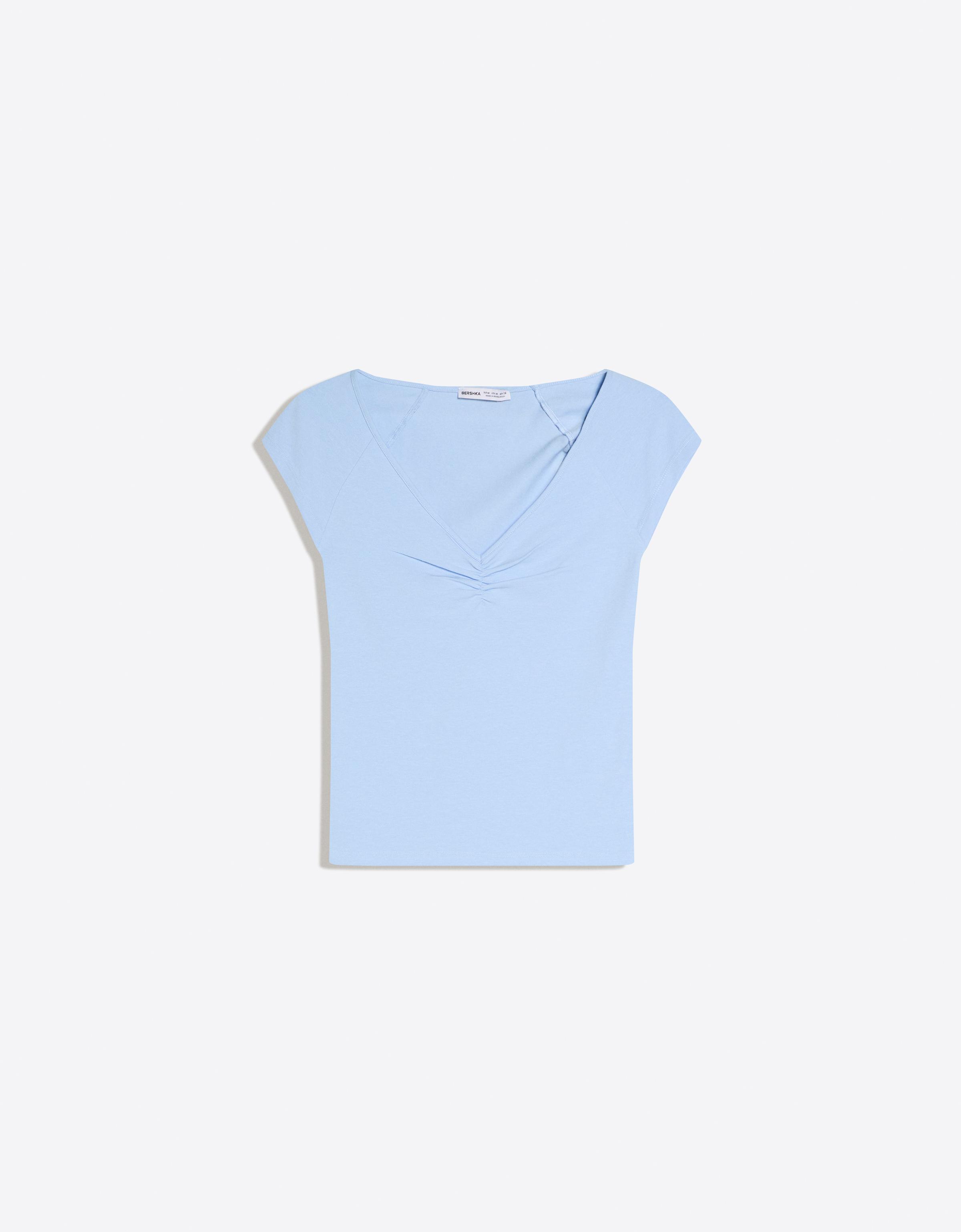 Bershka T-Shirt Mit Kurzen Ärmeln Und Raffung Damen Xxs Hellblau