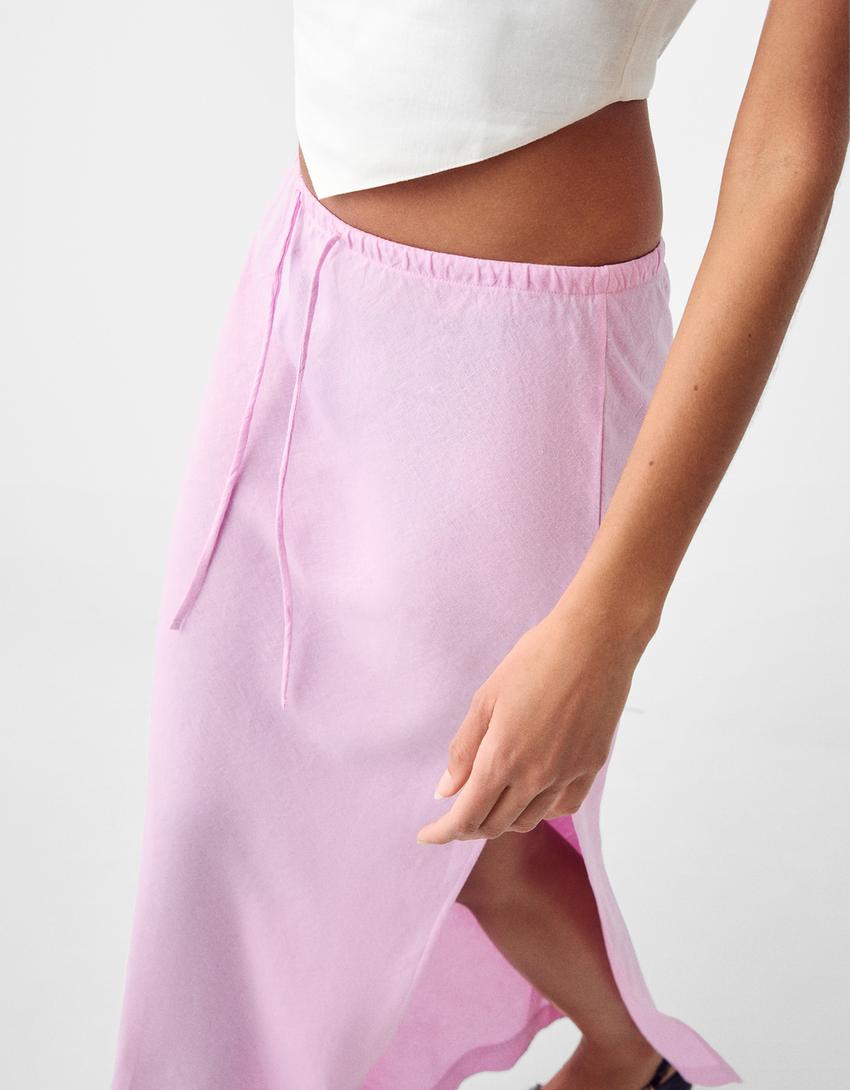 تنورة كتان متوسطة الطول-زهري-6