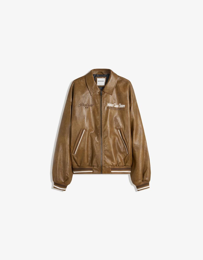 Leather effect embroidered jacket-Camel-3