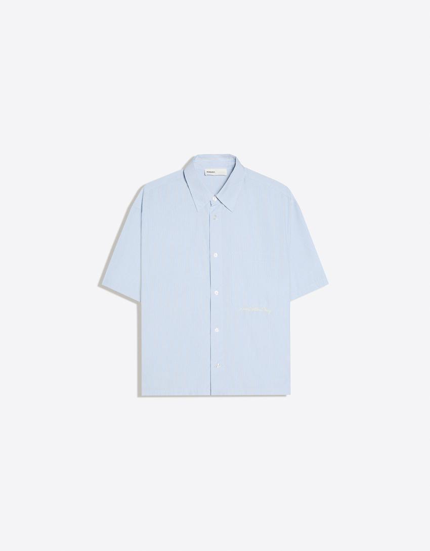 Boxy short sleeve embroidered shirt-Light blue