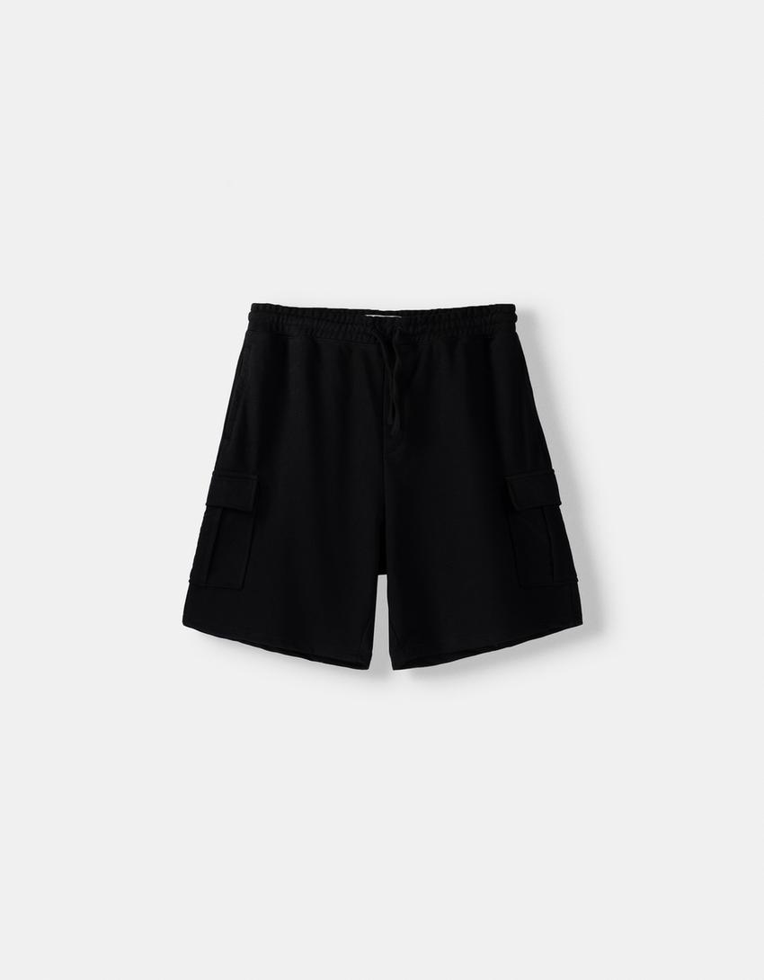 Calções bermuda felpa de cargo Sylvester-Preto-4