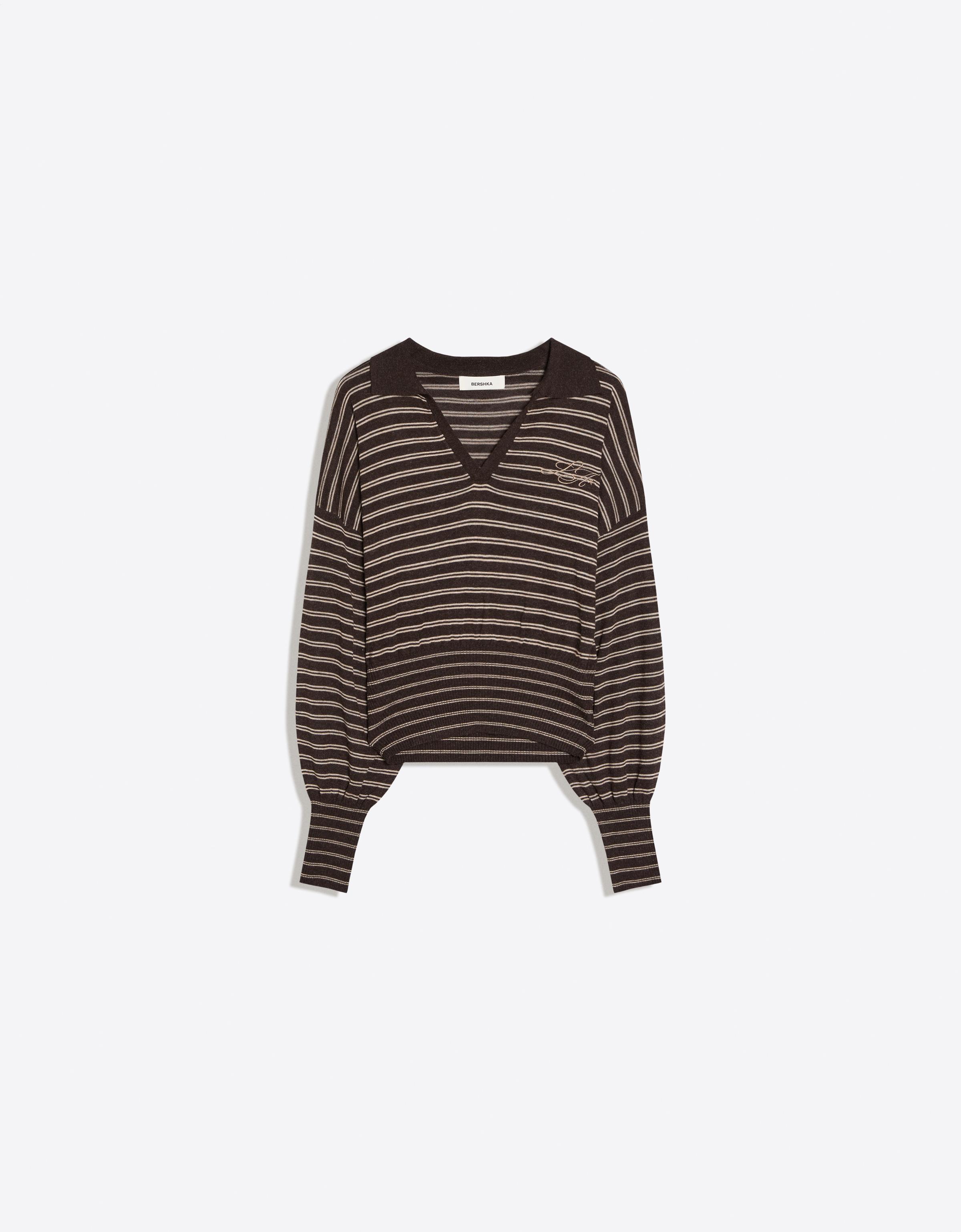 Ribbed polo collar jumper — Brown