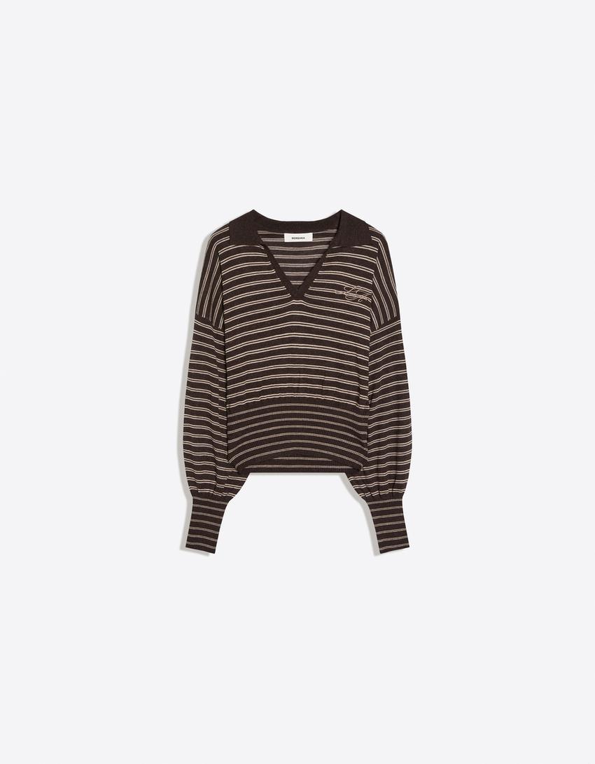 Ribbed polo collar sweater-Brown