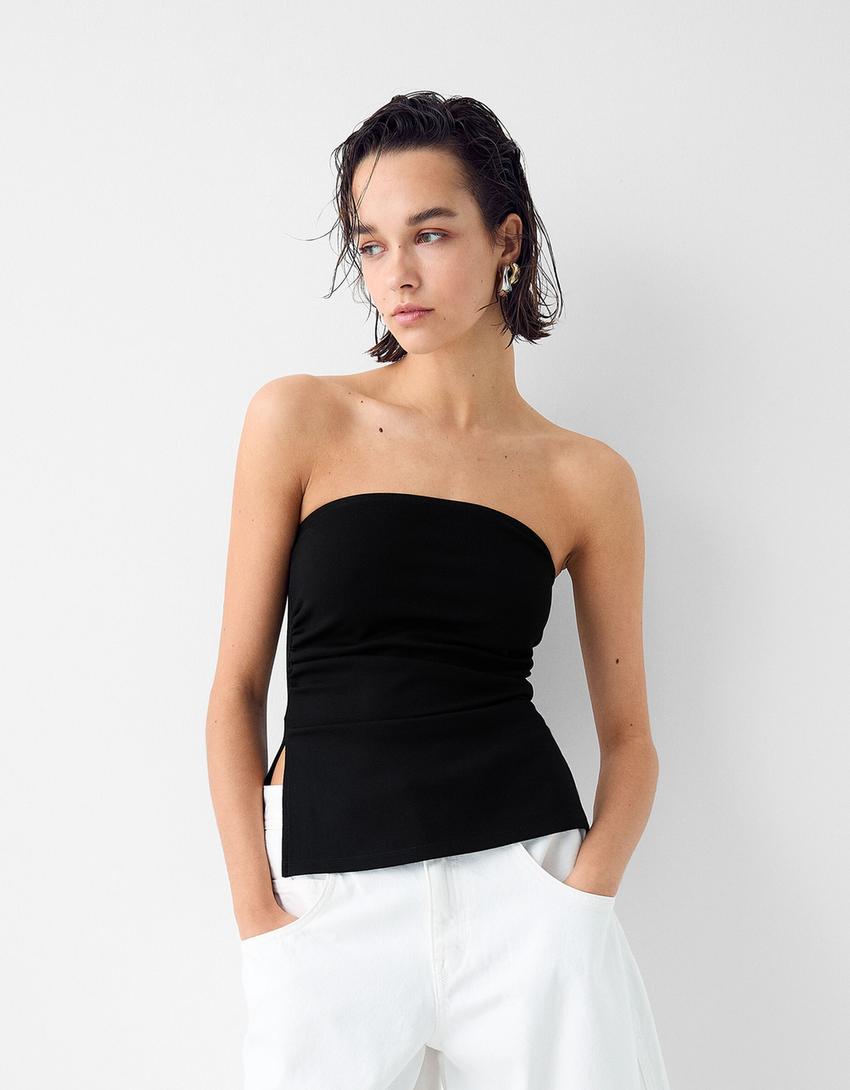 Top bandeau maille milano froncé-Noir-0