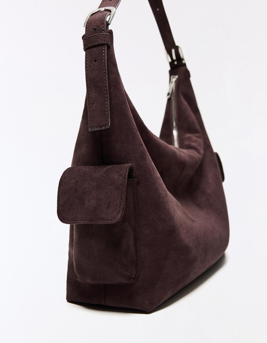 Faux suede bucket bag-Brown