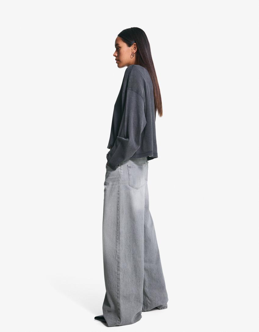 Jeans wide leg low waist-Gris