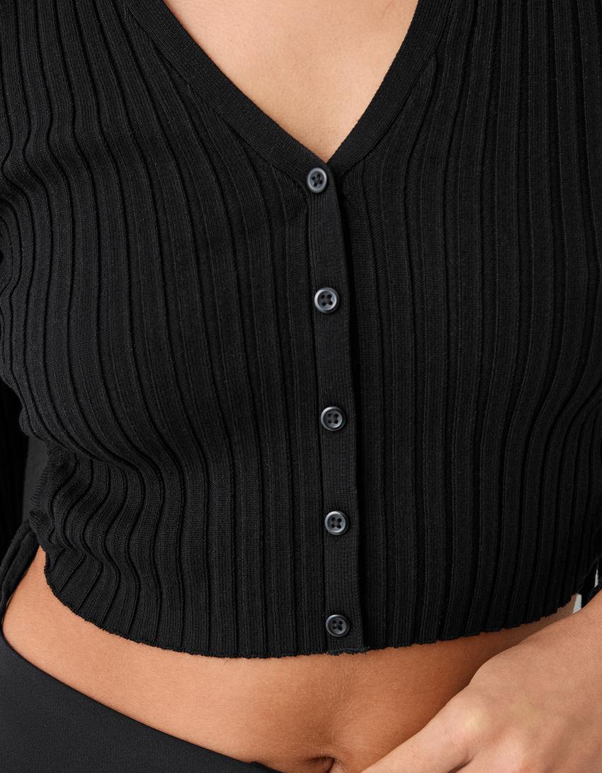 Polo collar cardigan with buttons and gathered side-Black-5