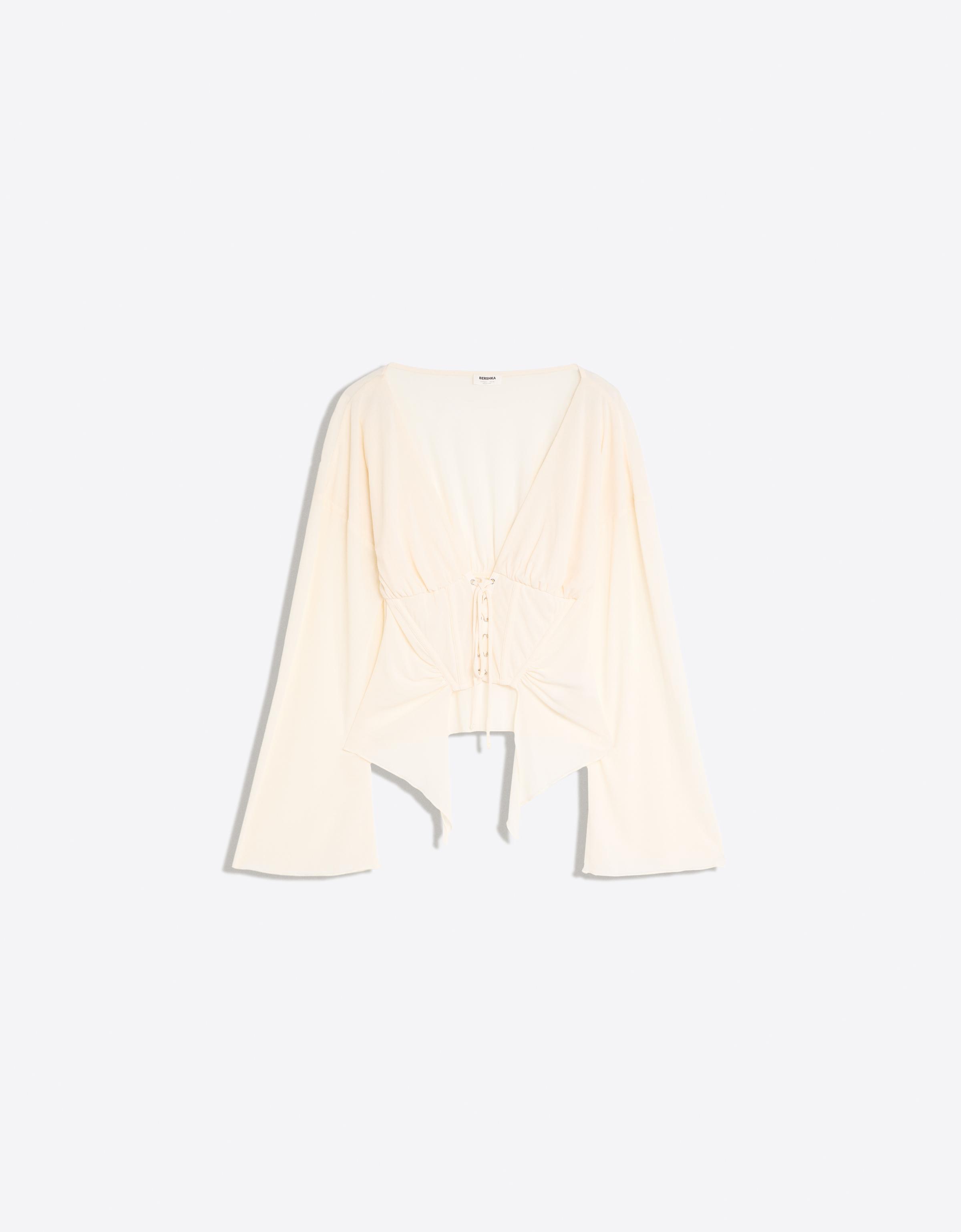 Long sleeve corset-effect T-shirt — Cream