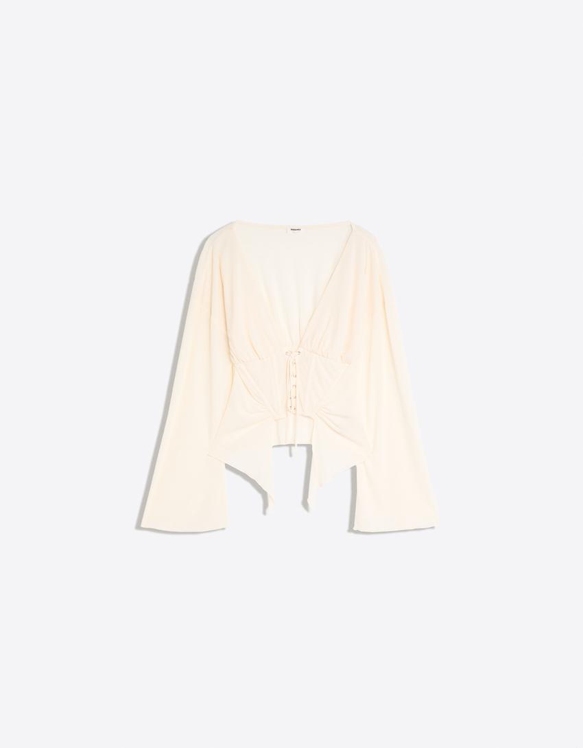 Long-sleeved corset-effect T-shirt-Cream