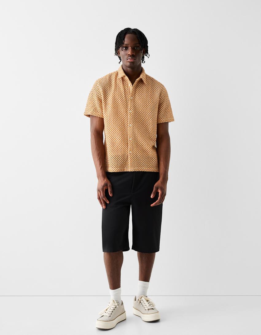 قميص ريفي بأكمام قصيرة وحياكة مفتوحة-برتقالي-3