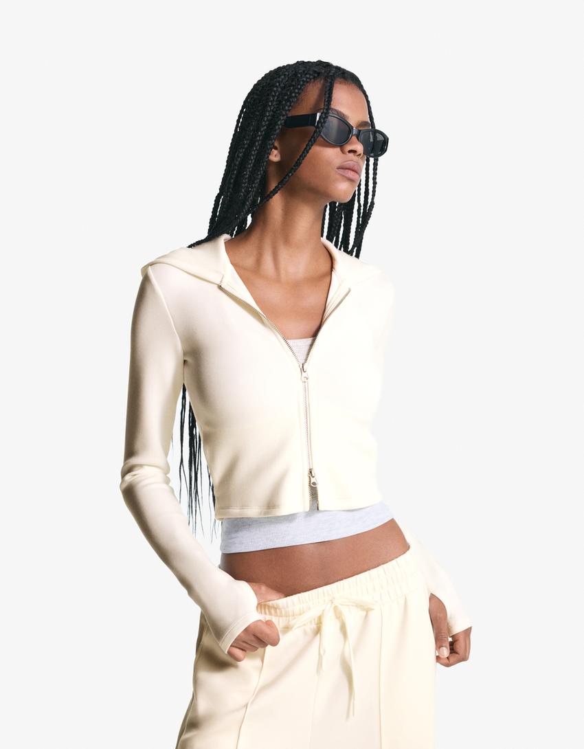 Sudadera cremallera soft con modal capucha-Crudo