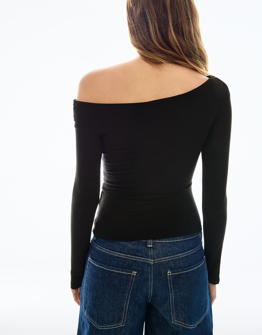 Long sleeve asymmetric tied T-shirt-Black