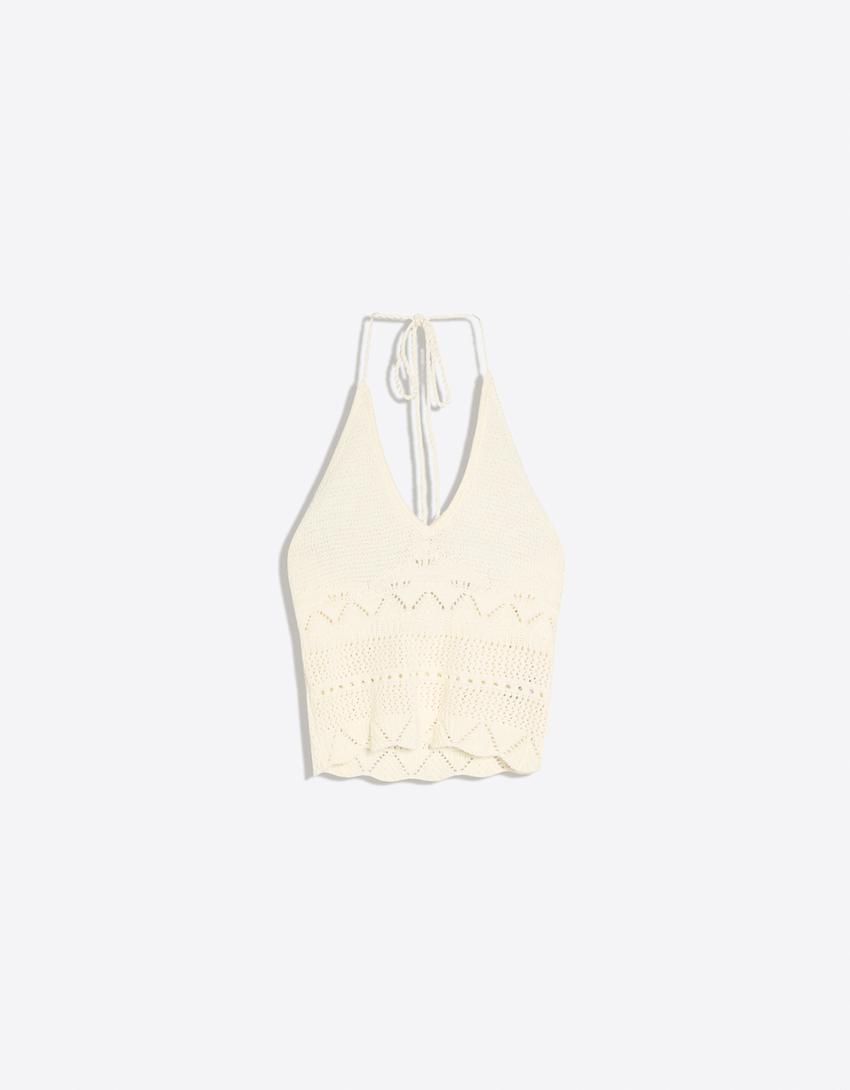Rustik örgü halter top-Krem
