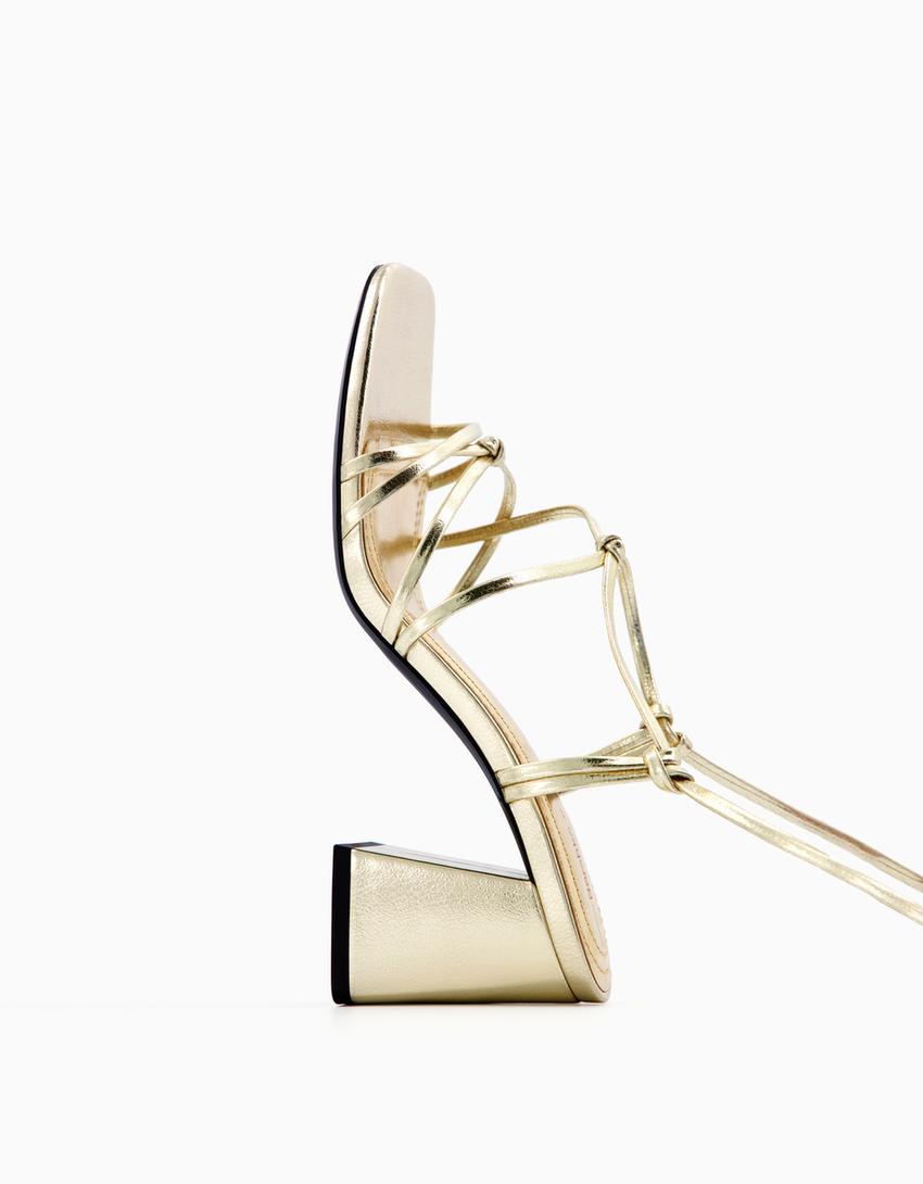 Tied heeled metallic sandals-Gold