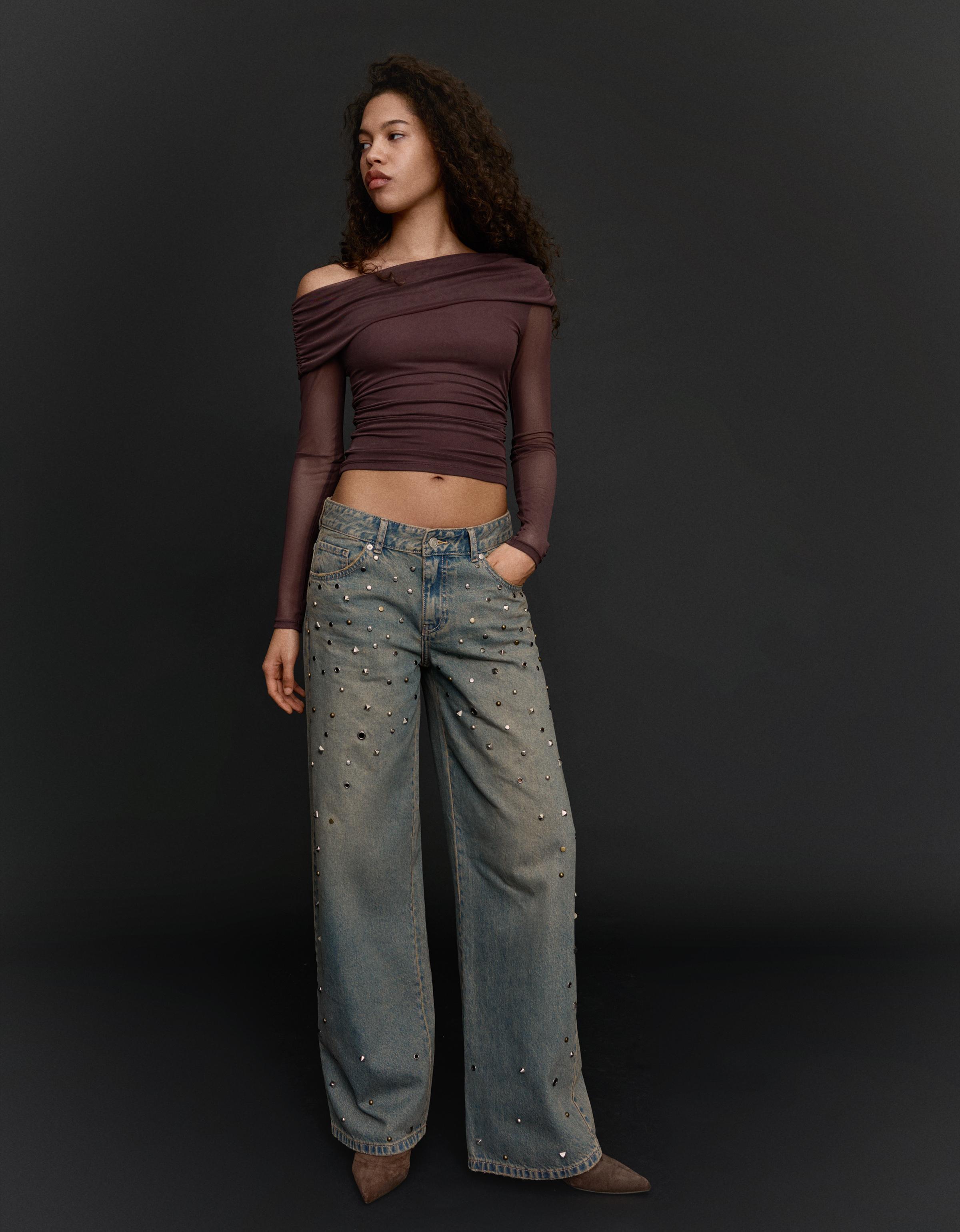 Bershka Asymmetrisches Langarmshirt Aus Tüll Damen M Braun