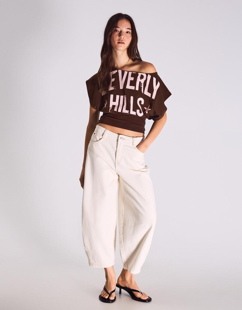 Short sleeve asymmetric print T-shirt-Brown