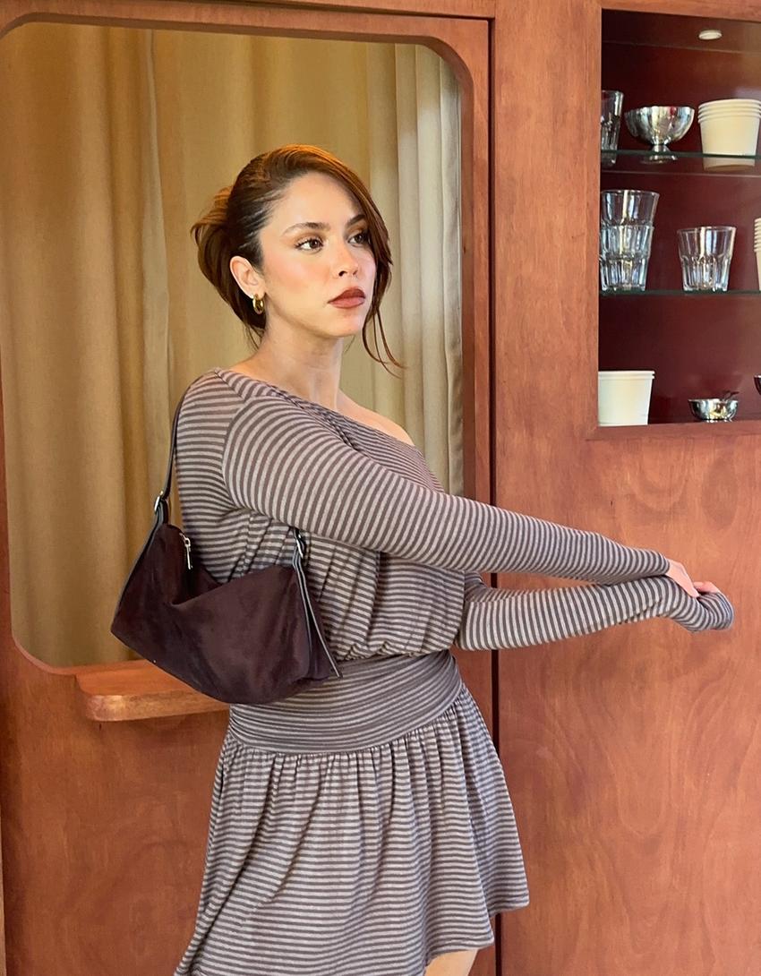 Minikleid mit langen Ärmeln und Gürtel-Braun