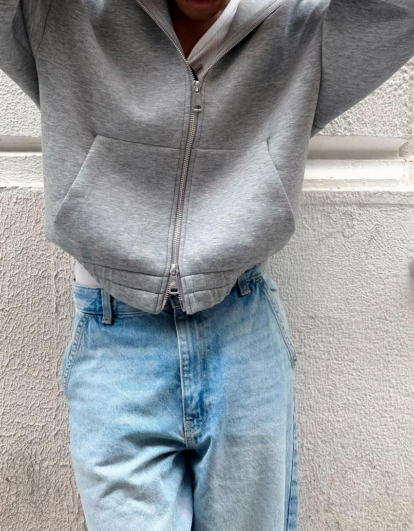 Fermuarlı sentetik kauçuk kumaş kapüşonlu sweatshirt-Gri