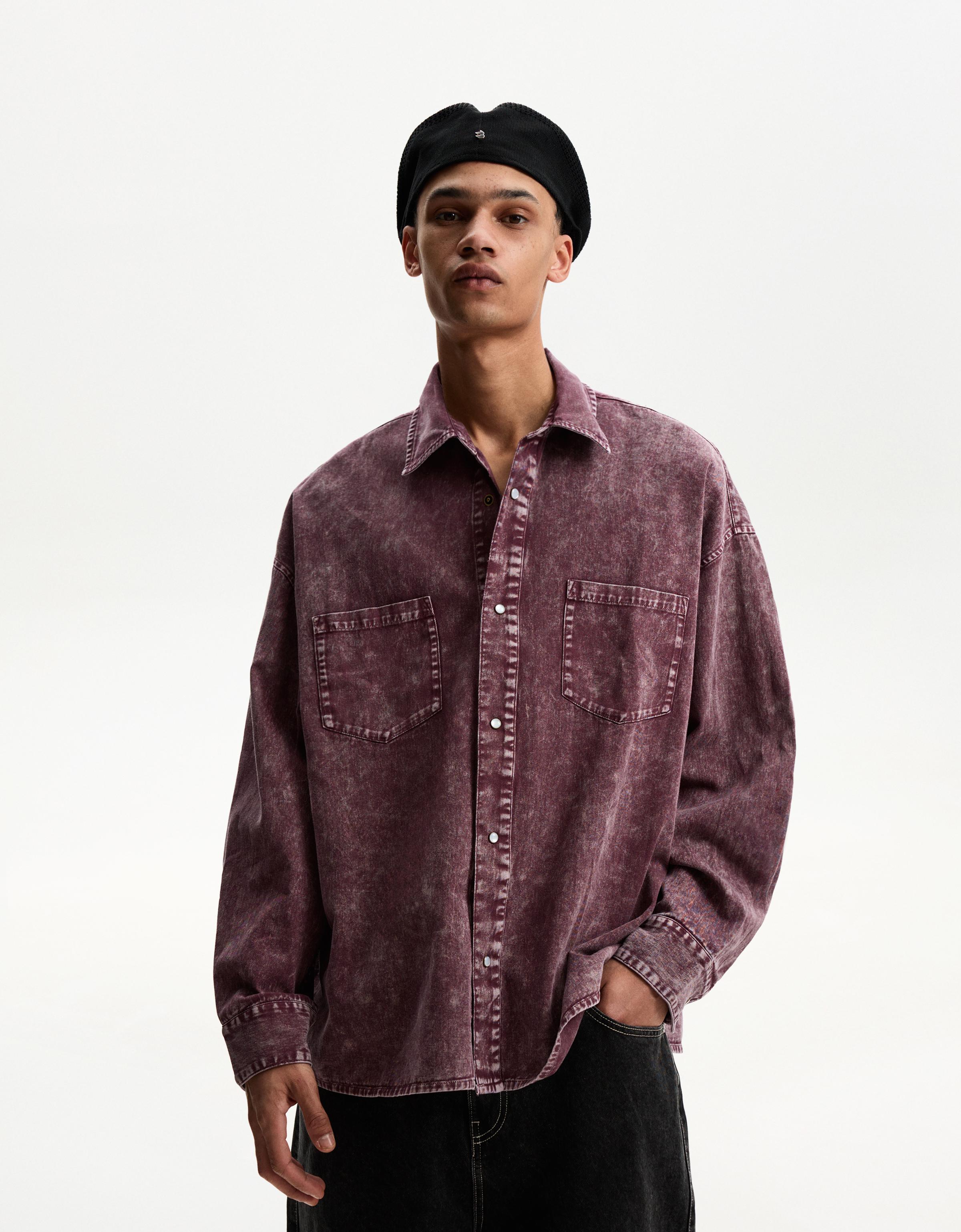 Bershka Oversize-Langarmhemd Herren L Granatrot