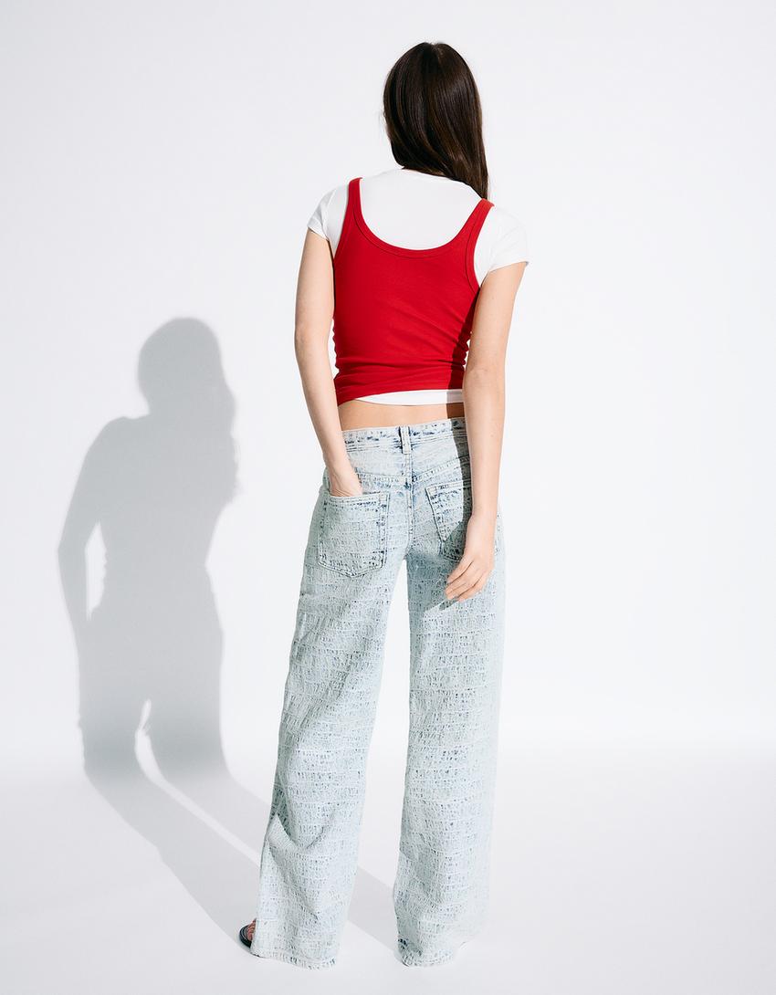 Jacquard Boyfriend Jeans mit tiefem Bund-Ausgewaschenes Blau