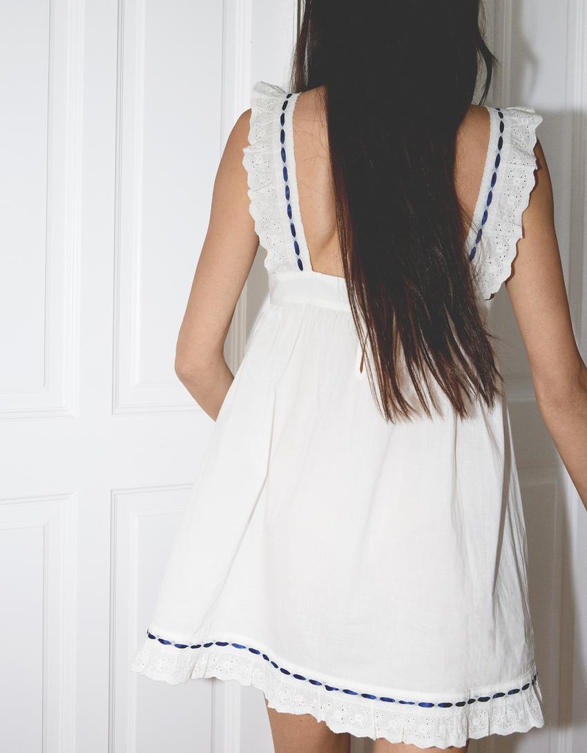 Vestido mini bordado suizo-Blanco