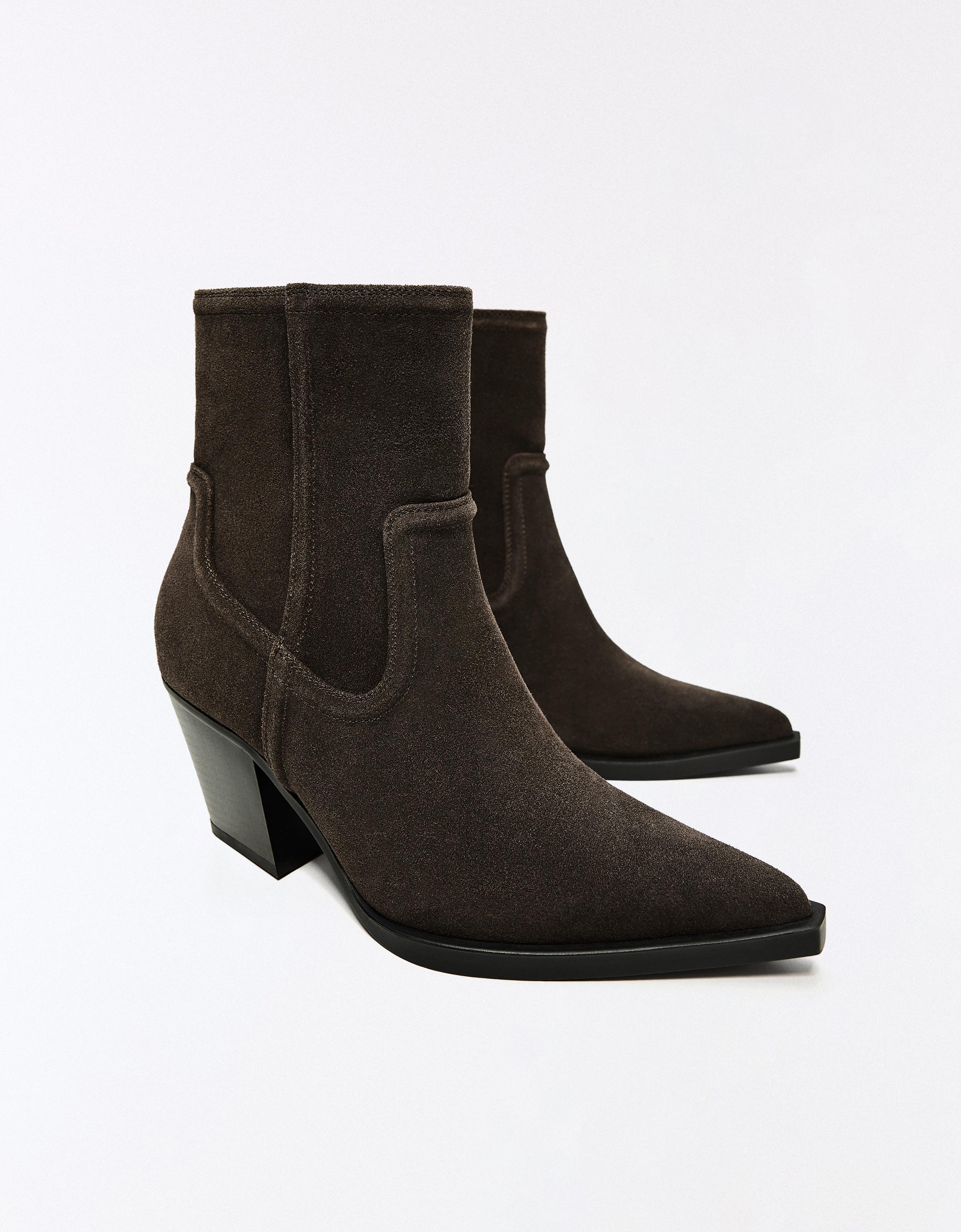 Leather cowboy heel ankle boots — TAUPE