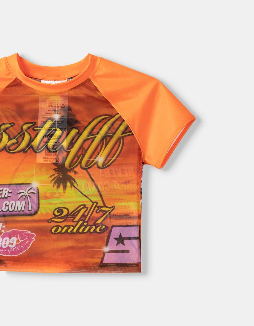 SSSTUFFF x BERSHKA print tulle short sleeve T-shirt-Orange-2