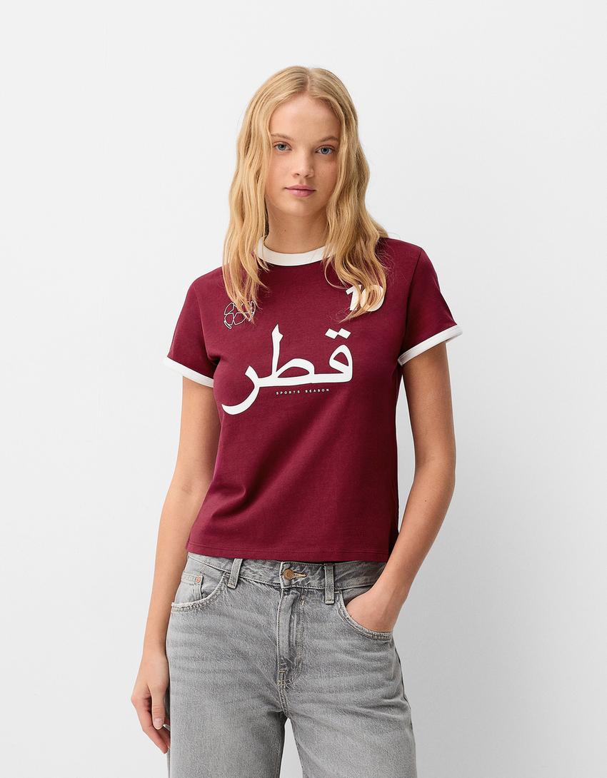 Contrast short sleeve sport print T-shirt-Red-0