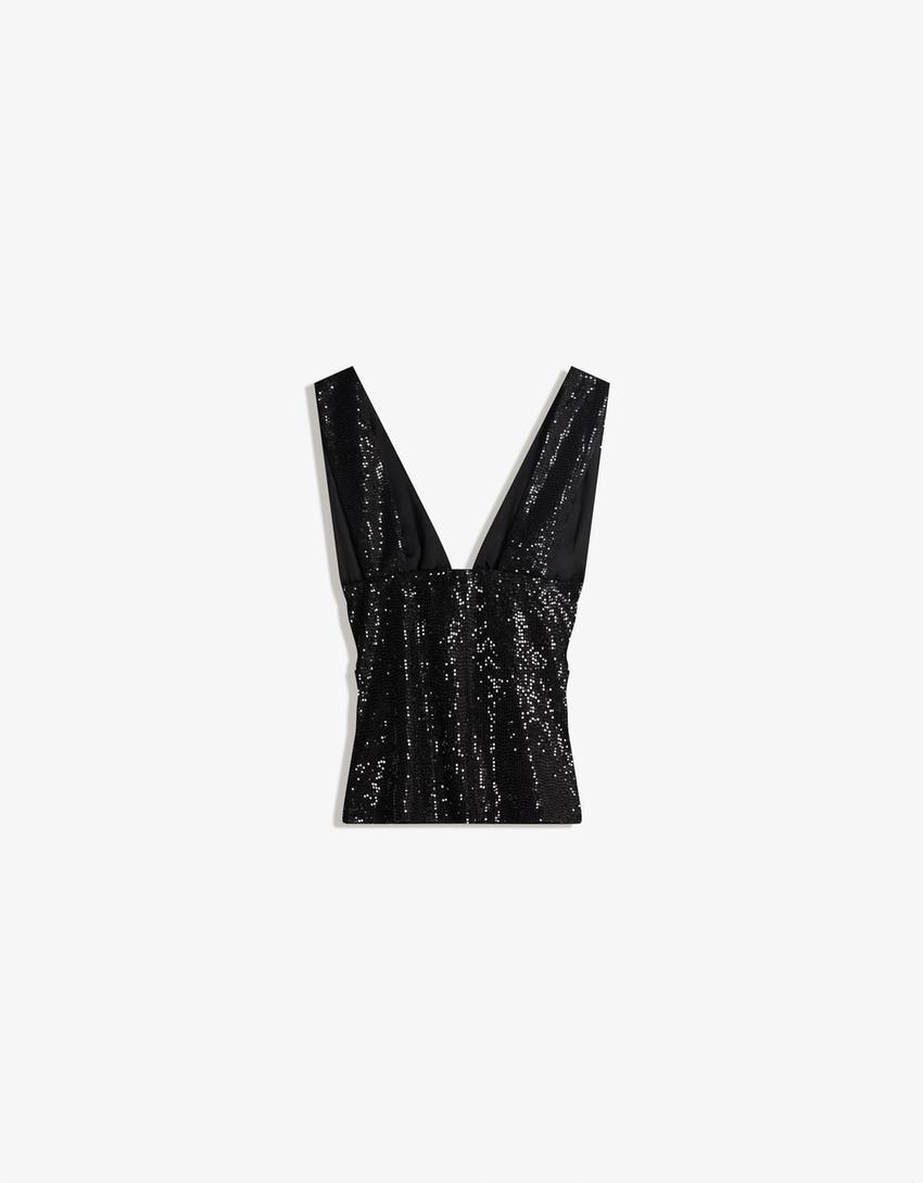 Fitted shimmery top with gathering-Black