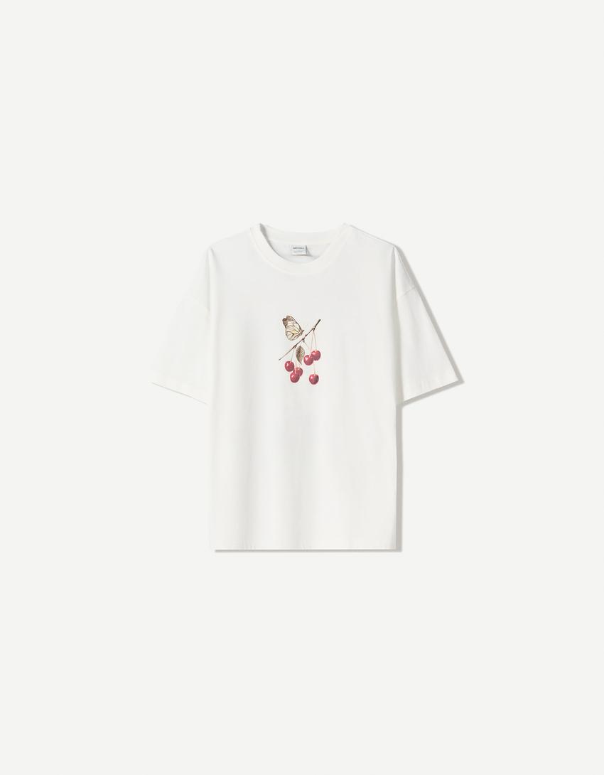Oversized T-shirt met print en korte mouw-Gebroken Wit-3