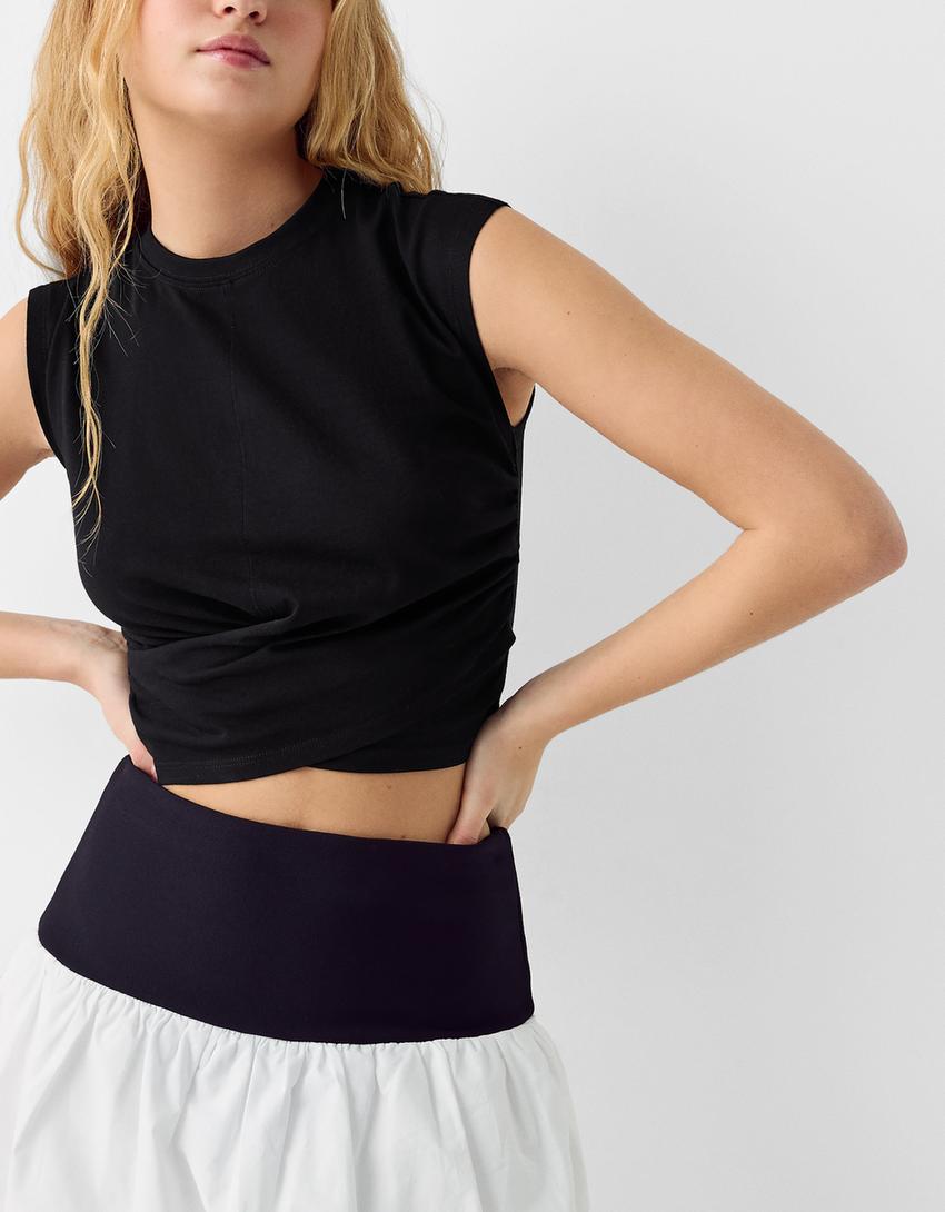 Kruvaze kolsuz t-shirt-Siyah-5