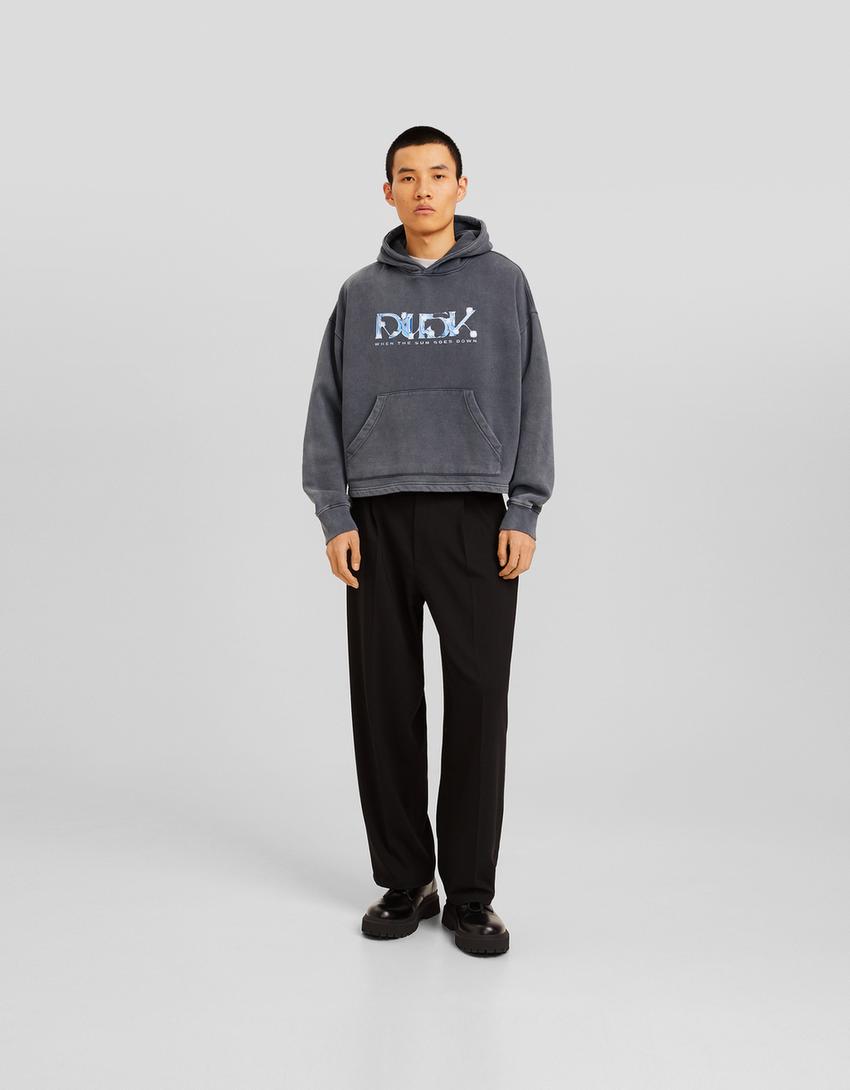 Sudadera capucha cropped efecto lavado print-Gris-3