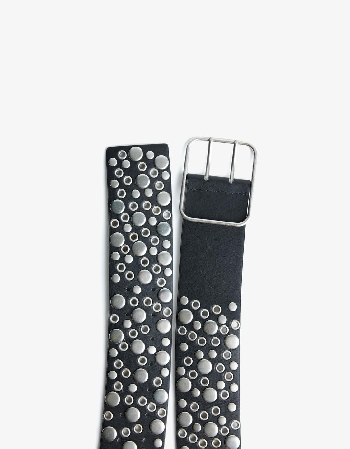 Wide leather effect belt with studs